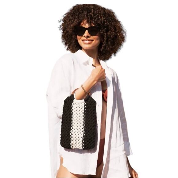 Laude The Label Gabby Mini Macrame Bag Wood Top Handle Black White Stripe NEW - Picture 1 of 7